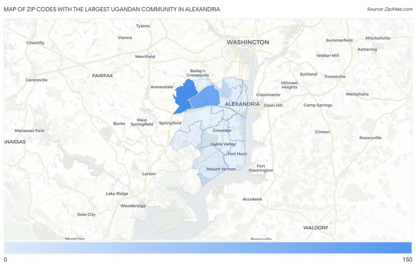 Zip Codes with the Largest Ugandan Community in Alexandria Map