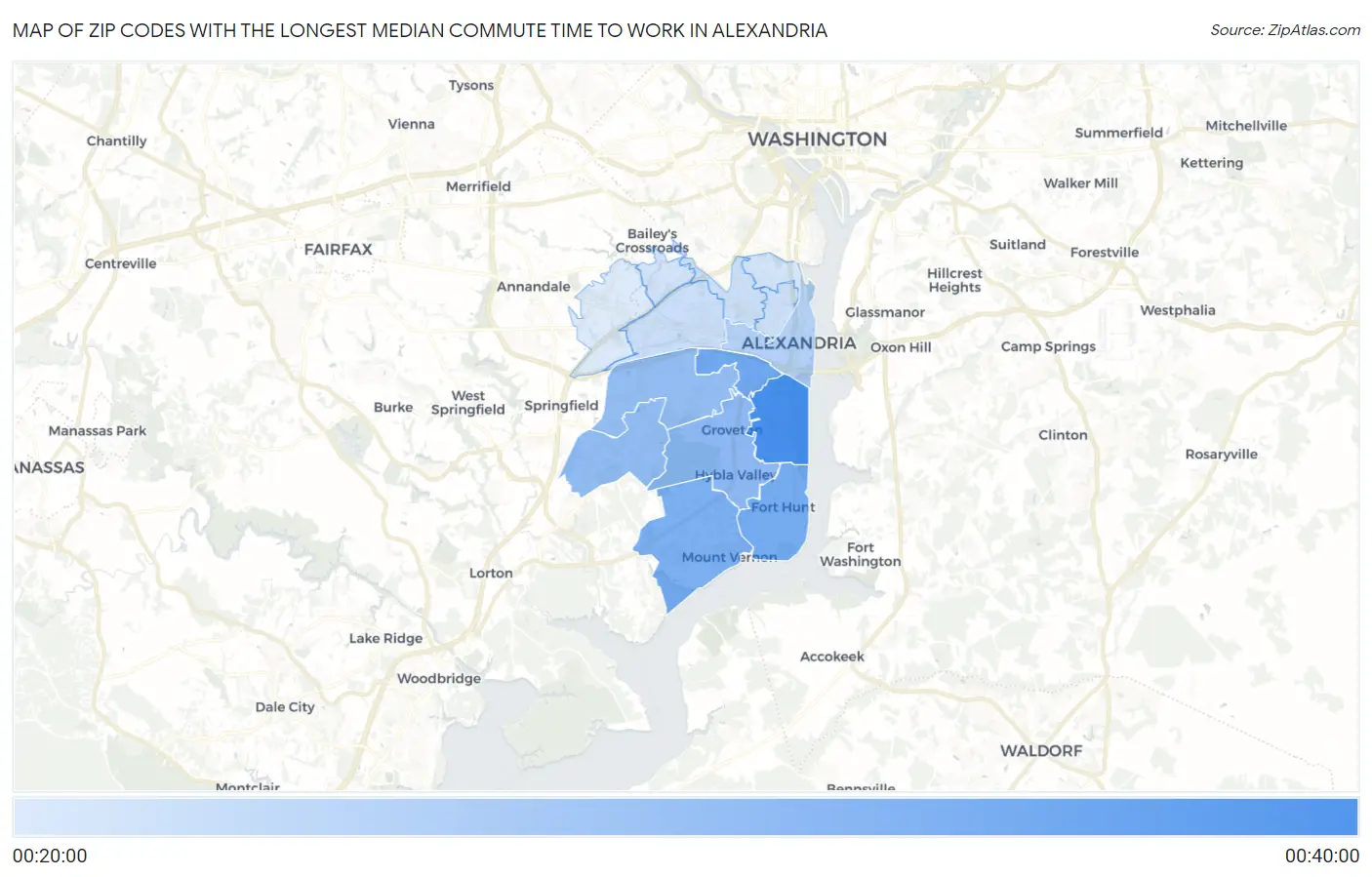 Zip Codes with the Longest Median Commute Time to Work in Alexandria Map
