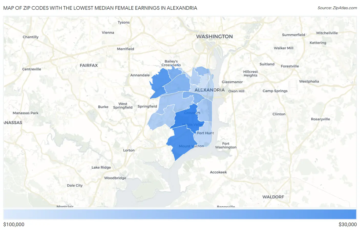 Zip Codes with the Lowest Median Female Earnings in Alexandria Map