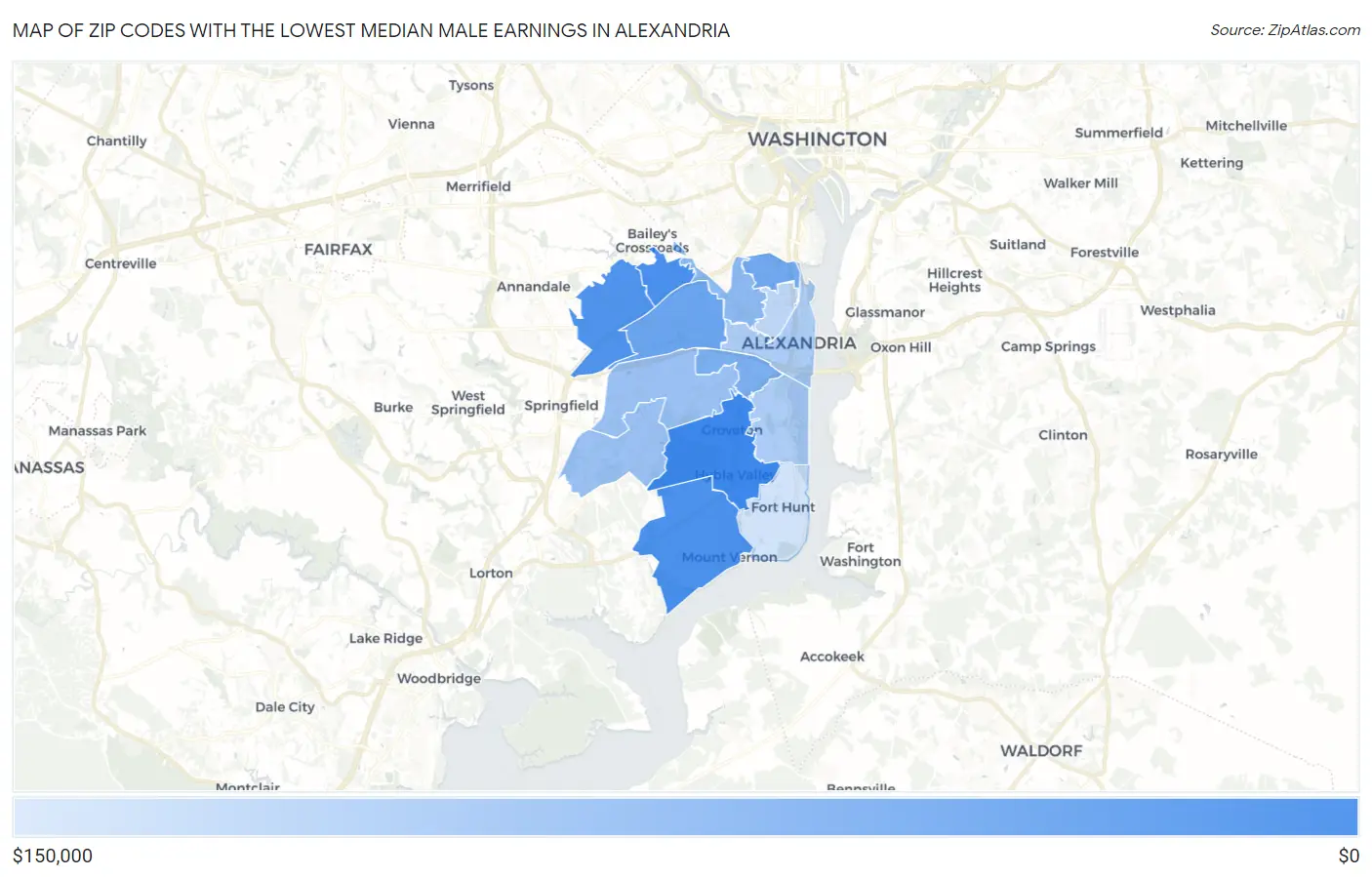 Zip Codes with the Lowest Median Male Earnings in Alexandria Map