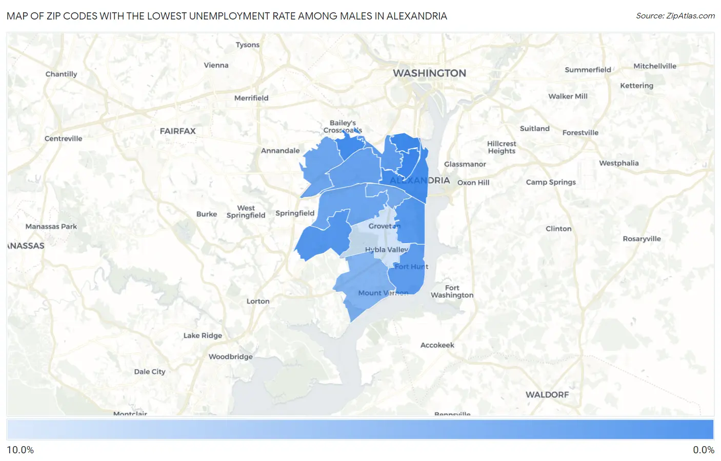 Zip Codes with the Lowest Unemployment Rate Among Males in Alexandria Map