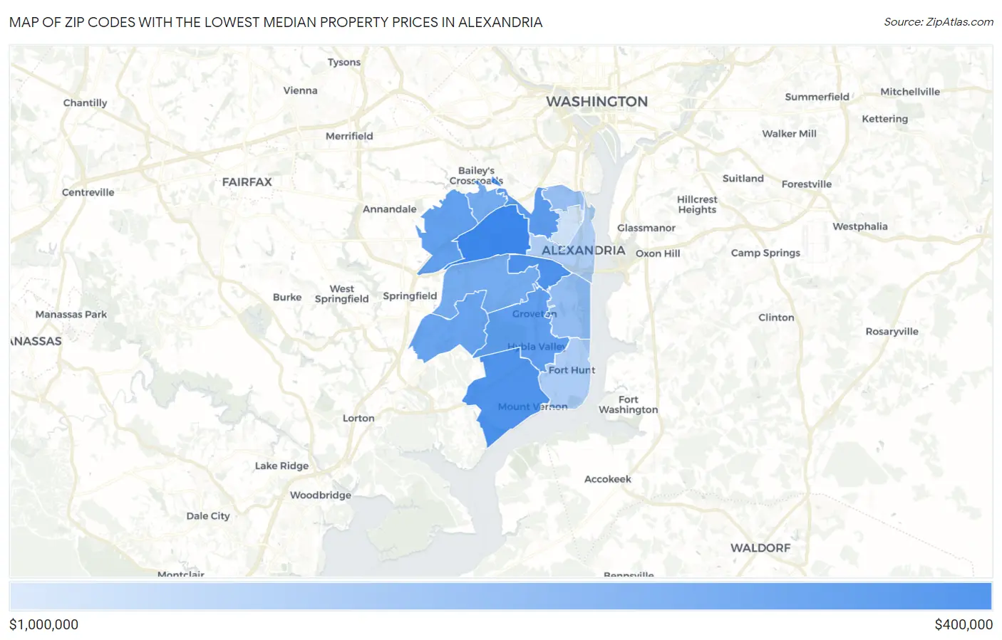 Zip Codes with the Lowest Median Property Prices in Alexandria Map
