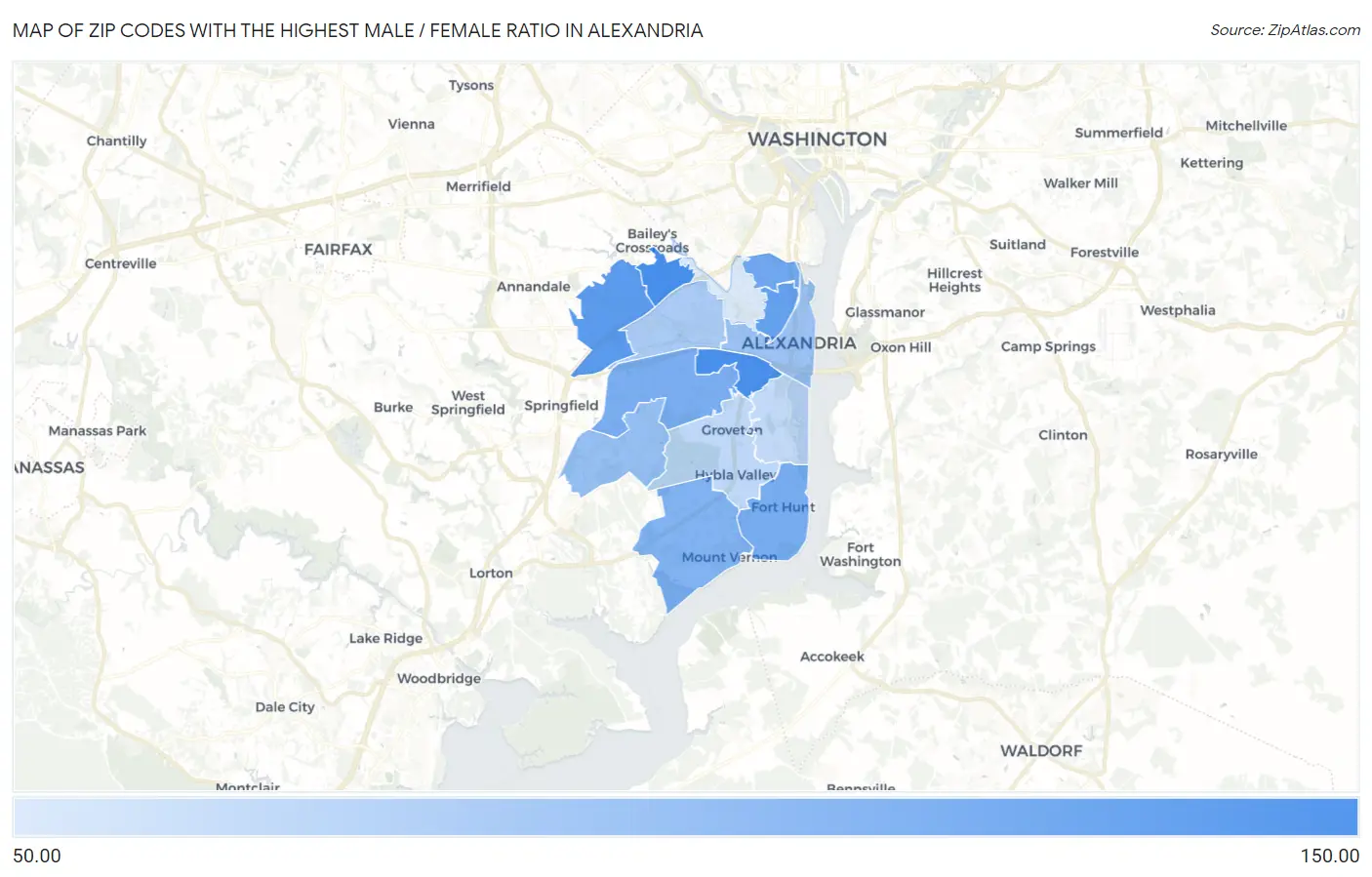 Zip Codes with the Highest Male / Female Ratio in Alexandria Map