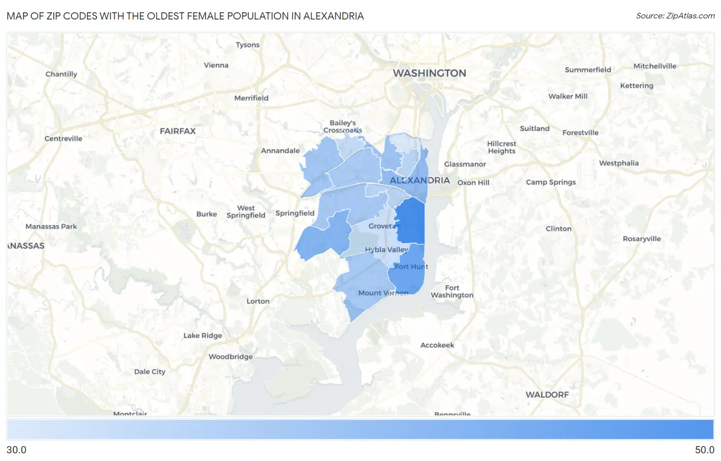 Zip Codes with the Oldest Female Population in Alexandria Map