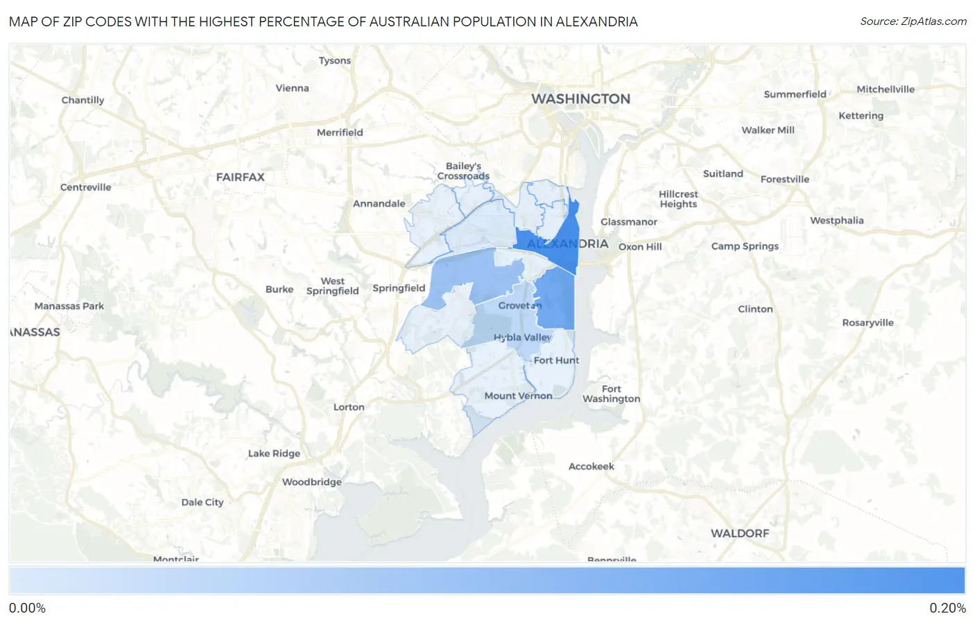 Zip Codes with the Highest Percentage of Australian Population in Alexandria Map