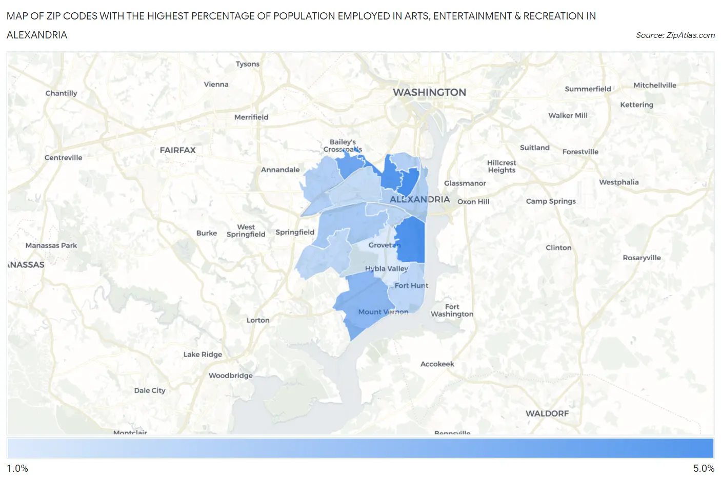 Zip Codes with the Highest Percentage of Population Employed in Arts, Entertainment & Recreation in Alexandria Map