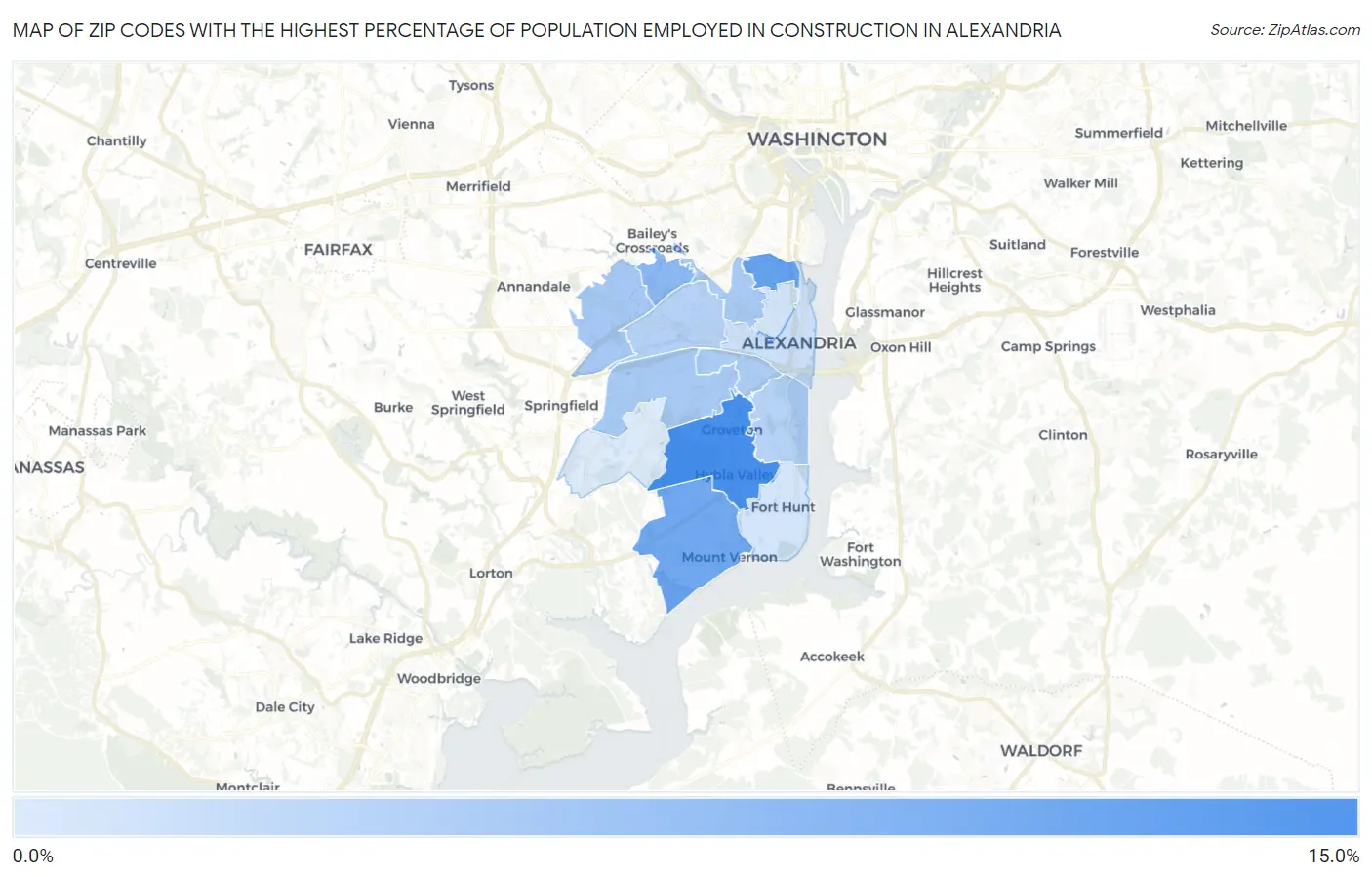 Zip Codes with the Highest Percentage of Population Employed in Construction in Alexandria Map