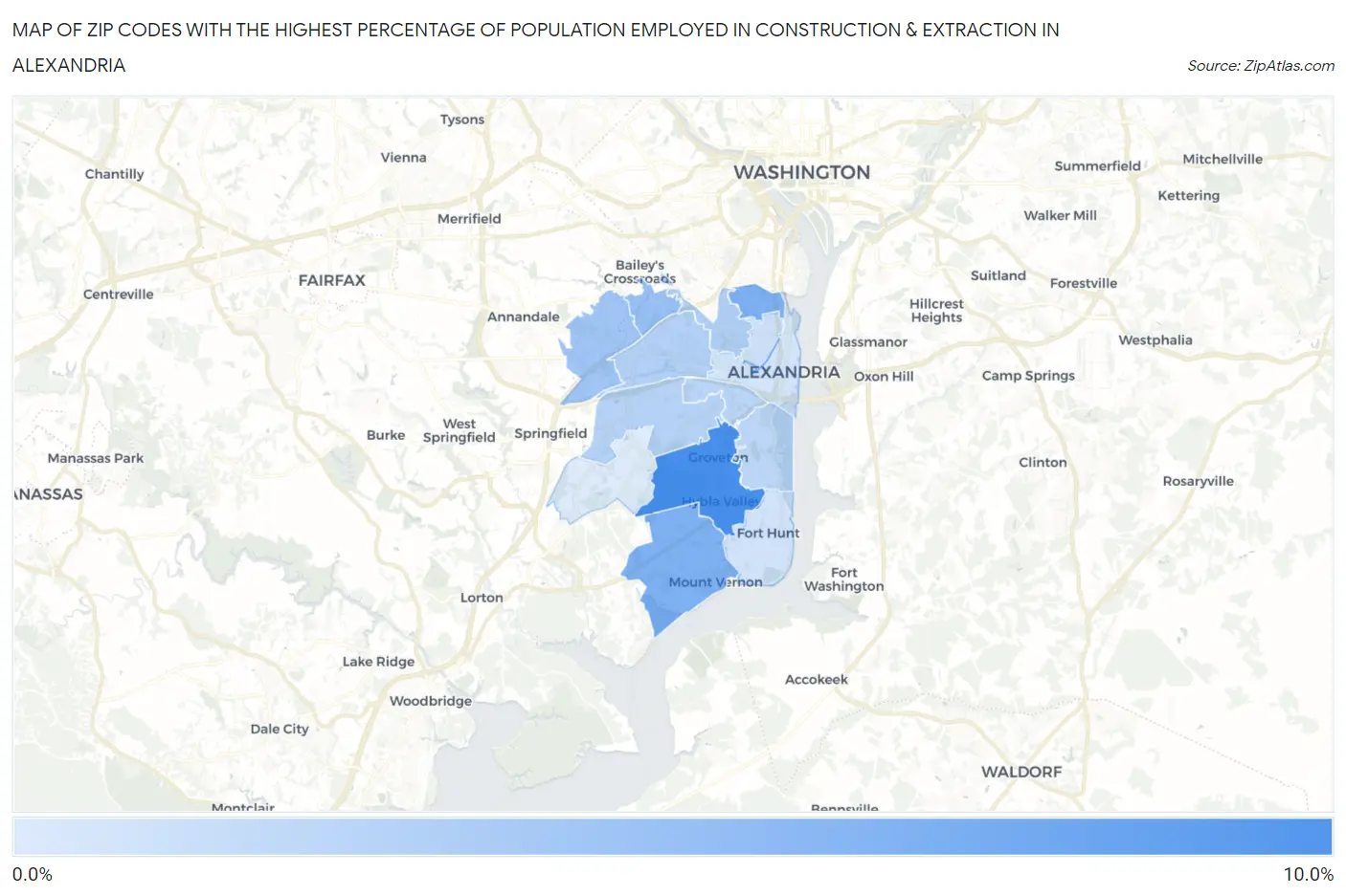 Zip Codes with the Highest Percentage of Population Employed in Construction & Extraction in Alexandria Map