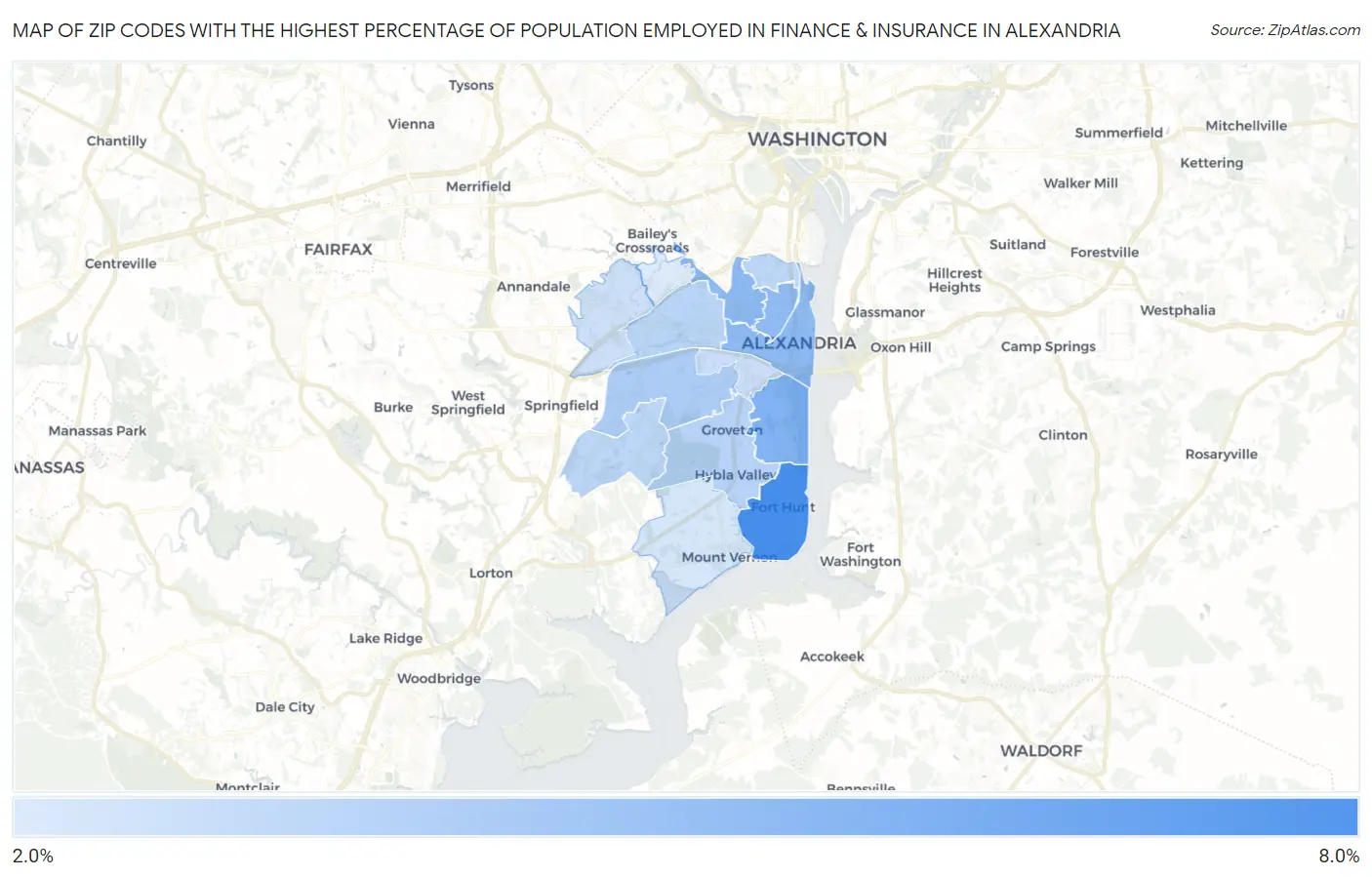 Zip Codes with the Highest Percentage of Population Employed in Finance & Insurance in Alexandria Map