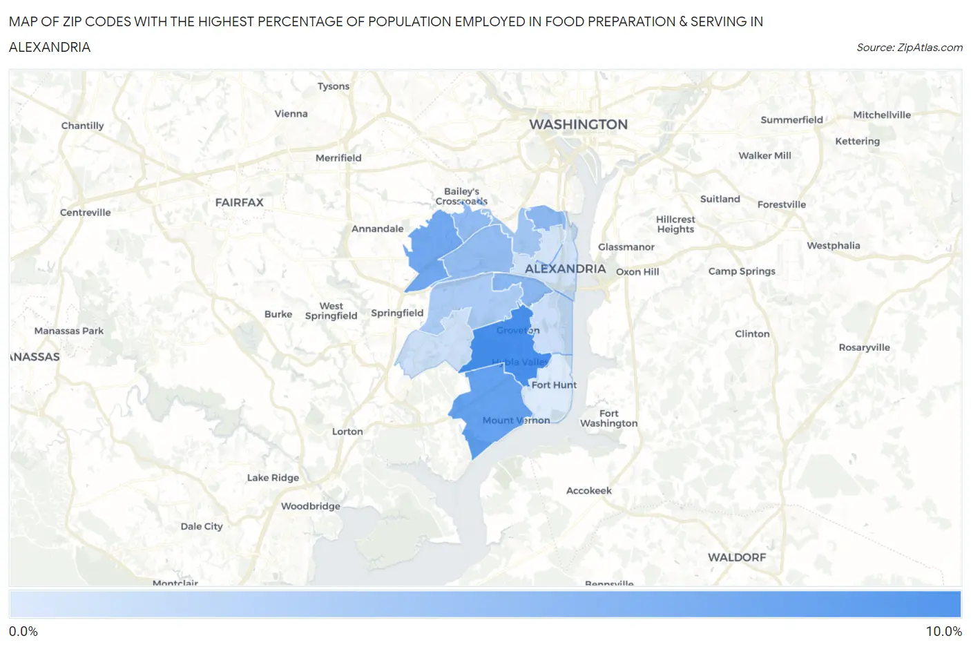 Zip Codes with the Highest Percentage of Population Employed in Food Preparation & Serving in Alexandria Map