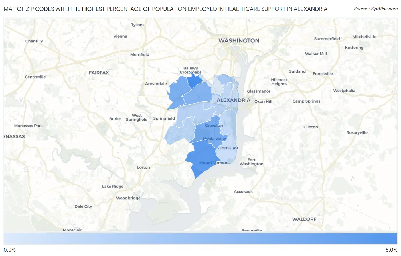 Zip Codes with the Highest Percentage of Population Employed in Healthcare Support in Alexandria Map