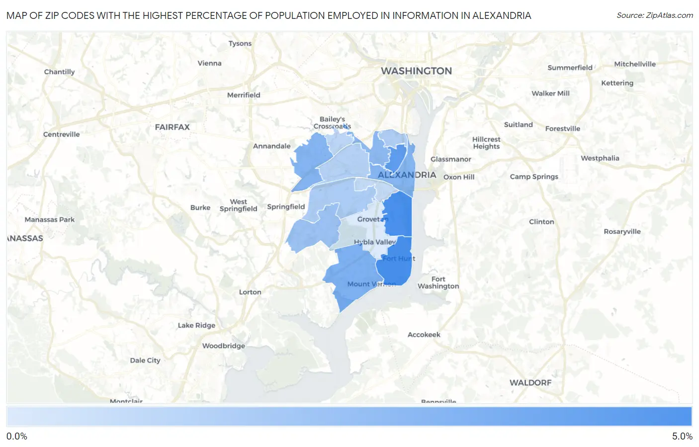 Zip Codes with the Highest Percentage of Population Employed in Information in Alexandria Map