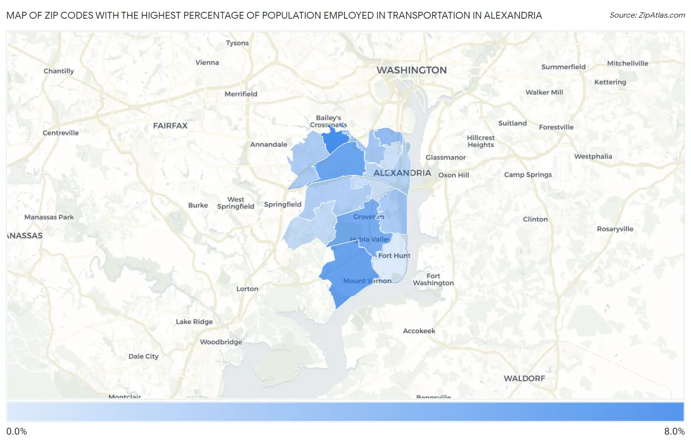 Zip Codes with the Highest Percentage of Population Employed in Transportation in Alexandria Map