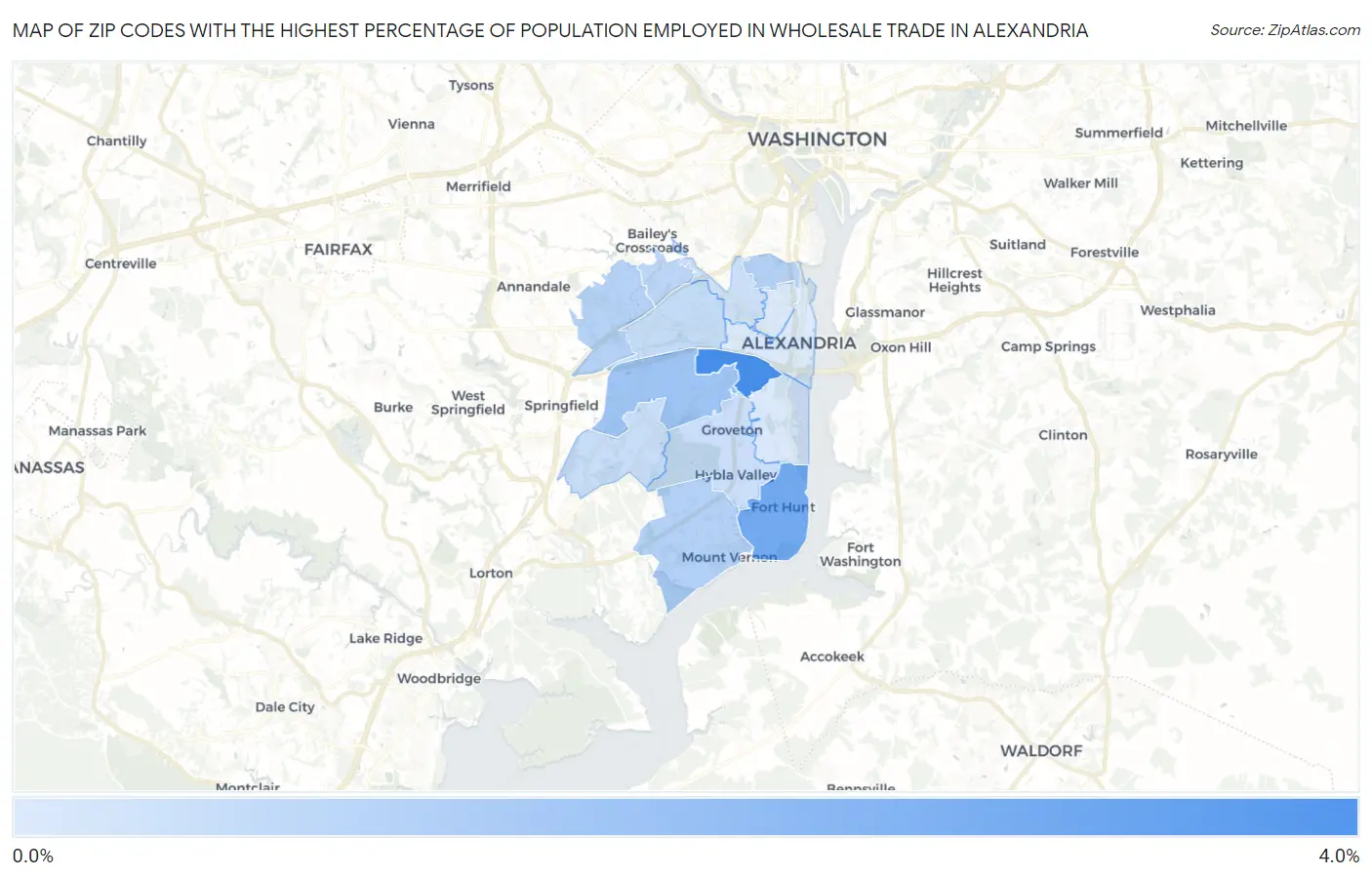 Zip Codes with the Highest Percentage of Population Employed in Wholesale Trade in Alexandria Map