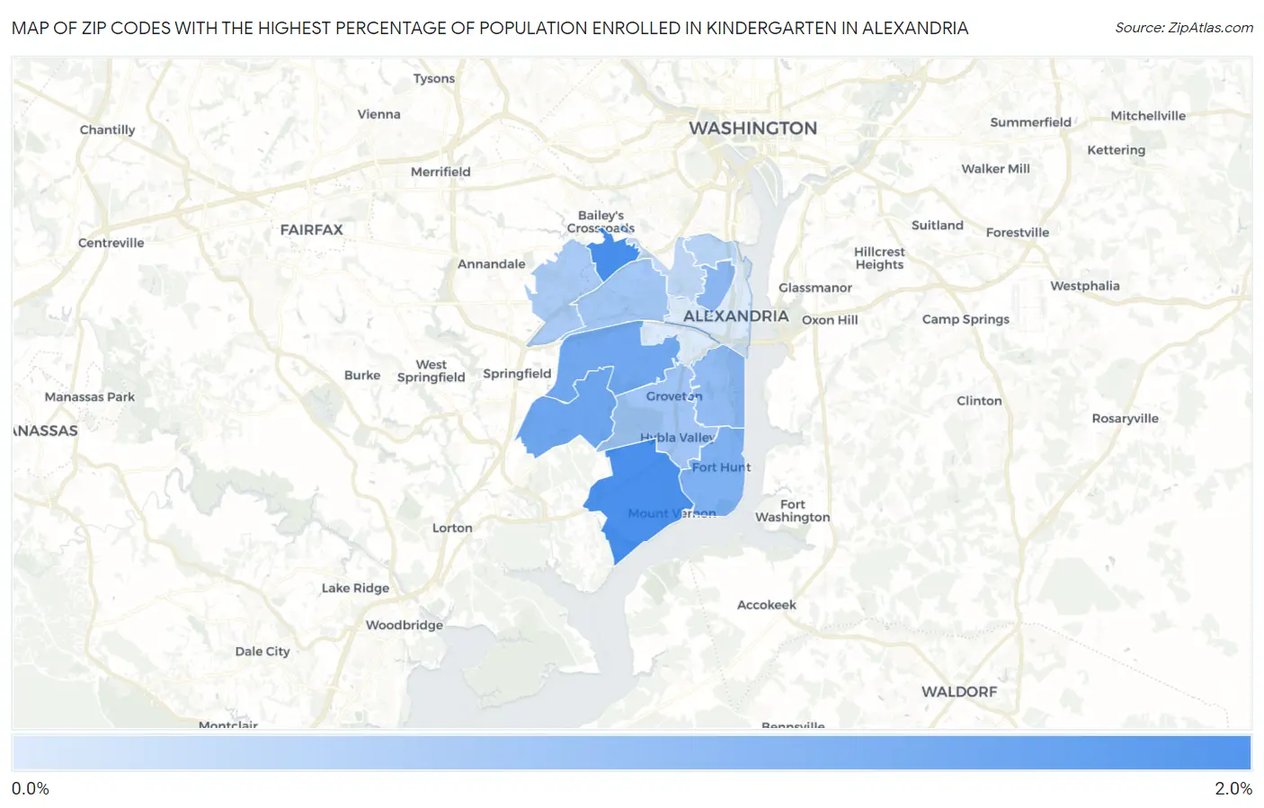 Zip Codes with the Highest Percentage of Population Enrolled in Kindergarten in Alexandria Map