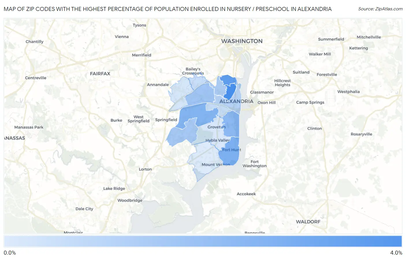 Zip Codes with the Highest Percentage of Population Enrolled in Nursery / Preschool in Alexandria Map