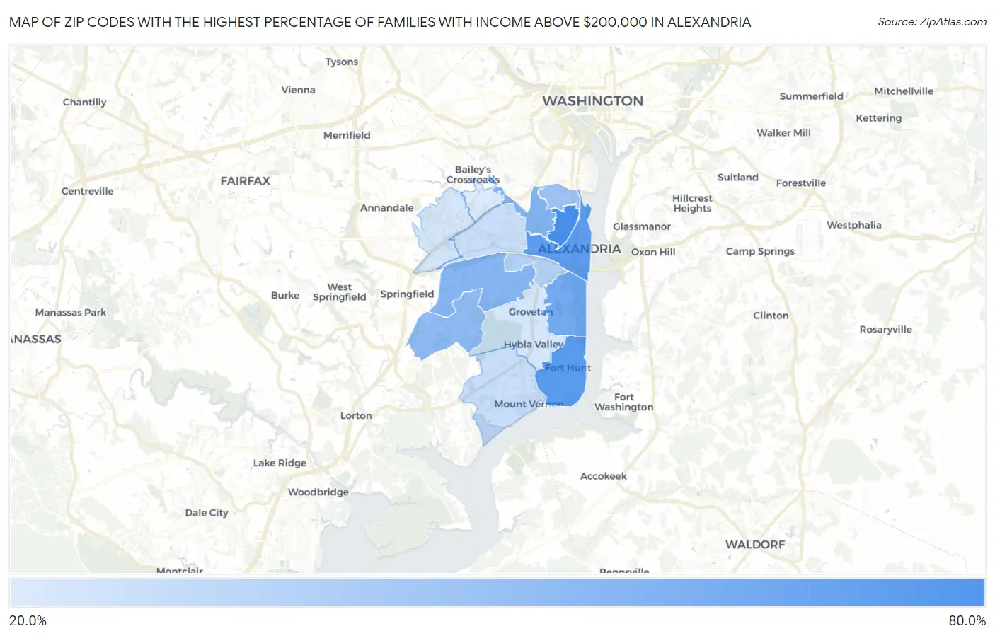 Zip Codes with the Highest Percentage of Families with Income Above $200,000 in Alexandria Map