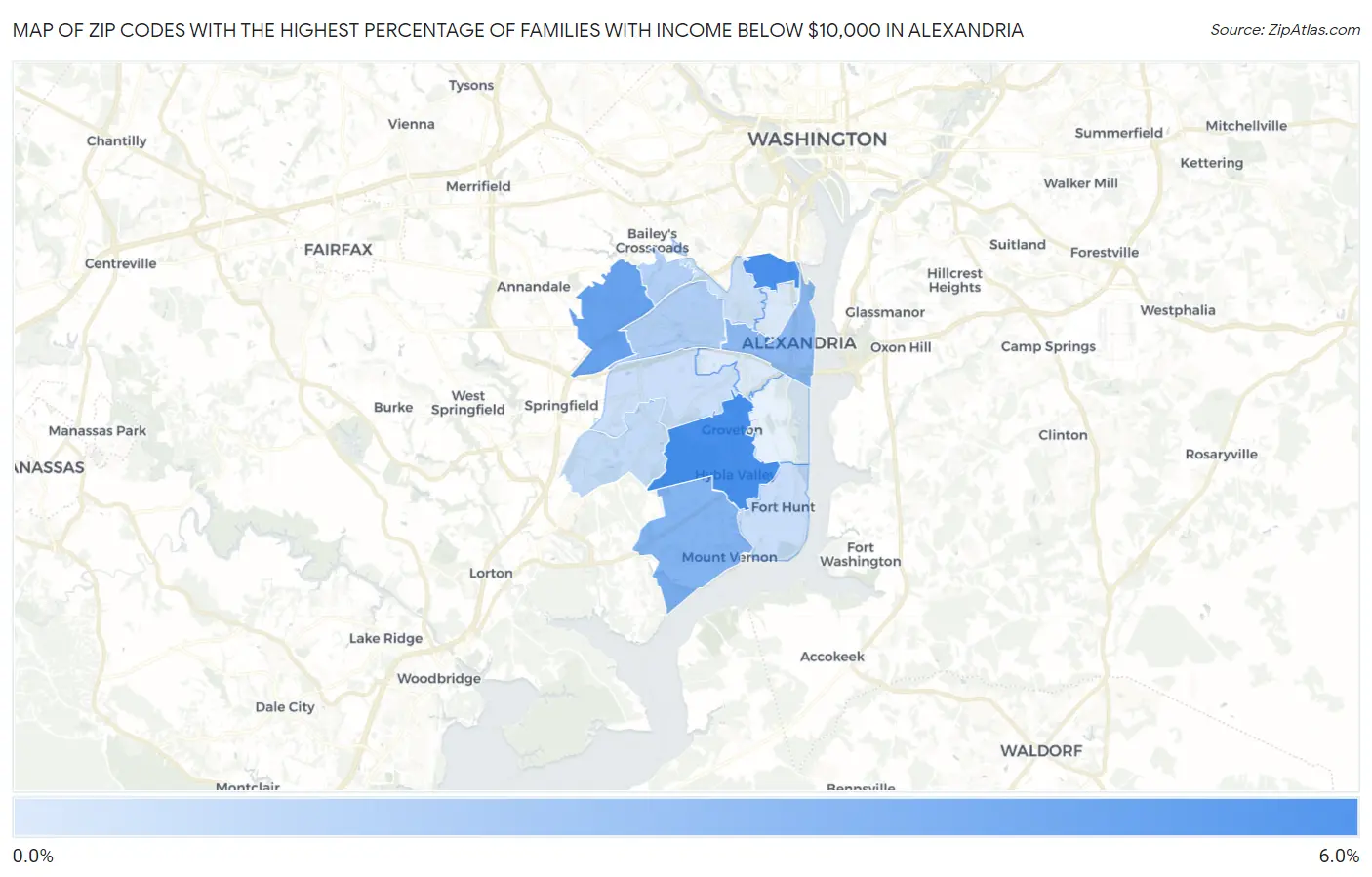 Zip Codes with the Highest Percentage of Families with Income Below $10,000 in Alexandria Map