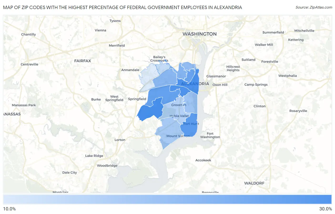 Zip Codes with the Highest Percentage of Federal Government Employees in Alexandria Map
