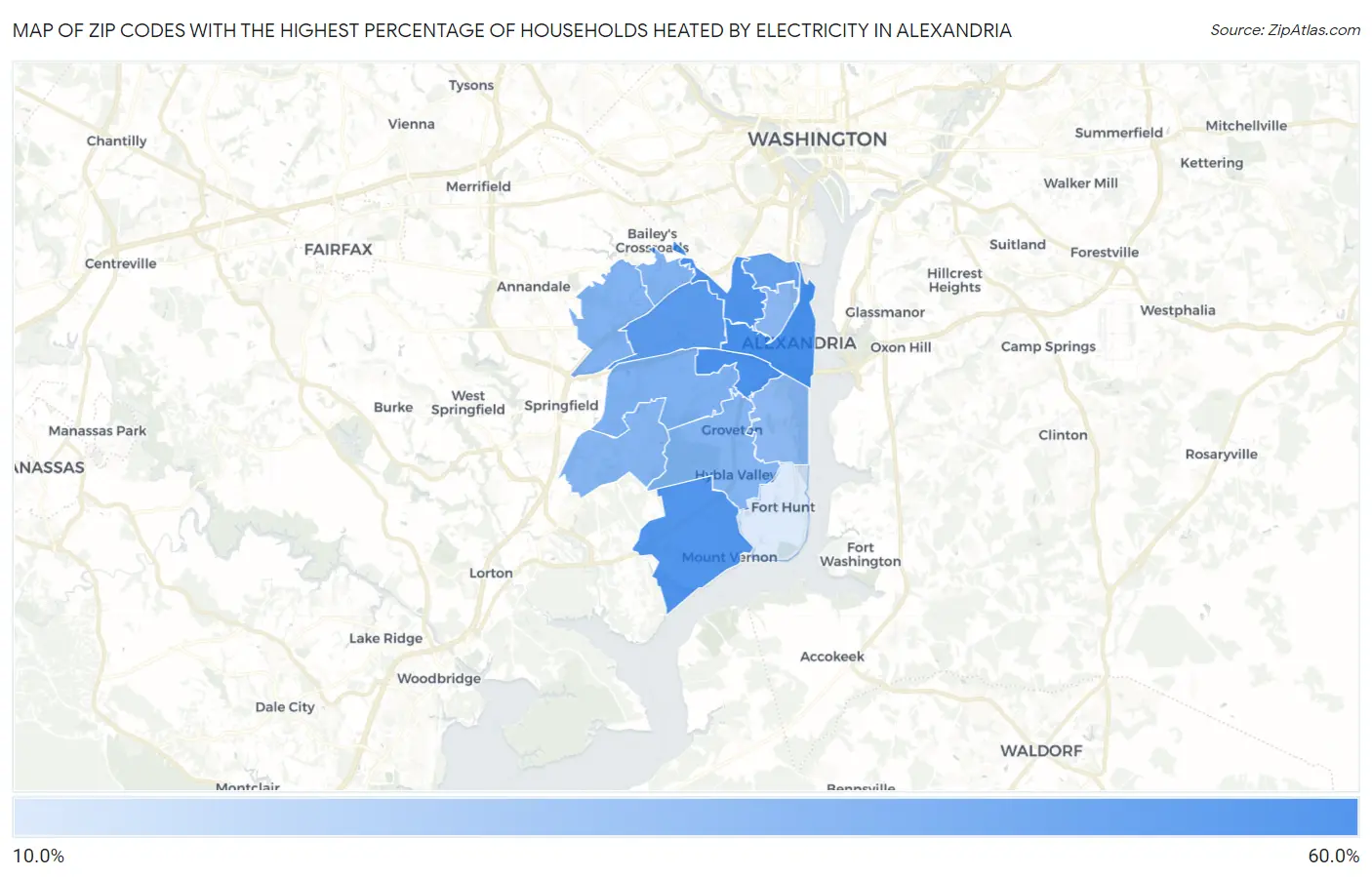 Zip Codes with the Highest Percentage of Households Heated by Electricity in Alexandria Map