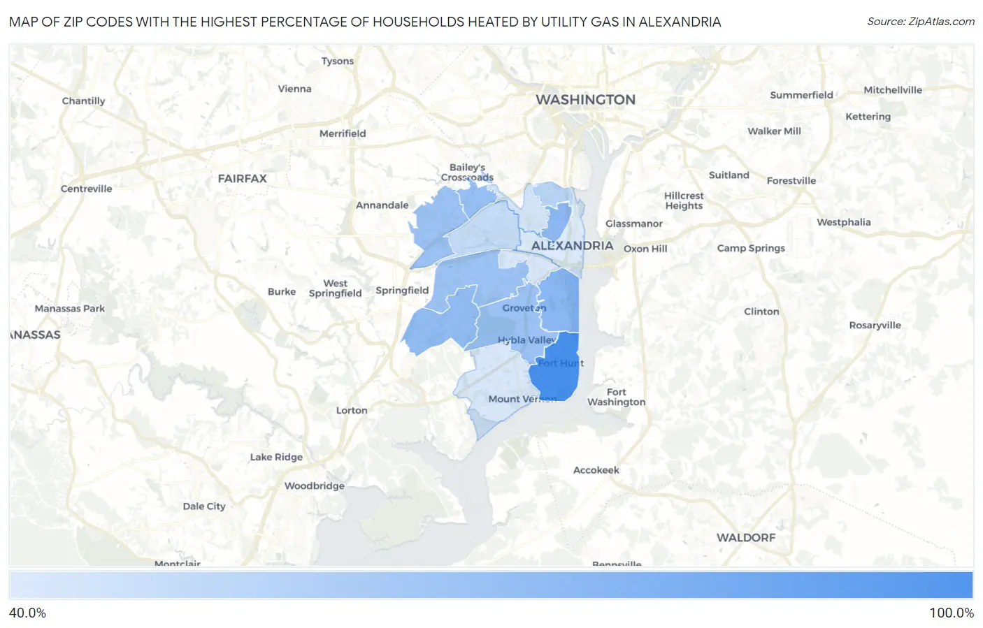 Zip Codes with the Highest Percentage of Households Heated by Utility Gas in Alexandria Map