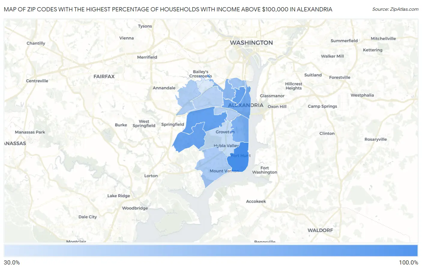Zip Codes with the Highest Percentage of Households with Income Above $100,000 in Alexandria Map