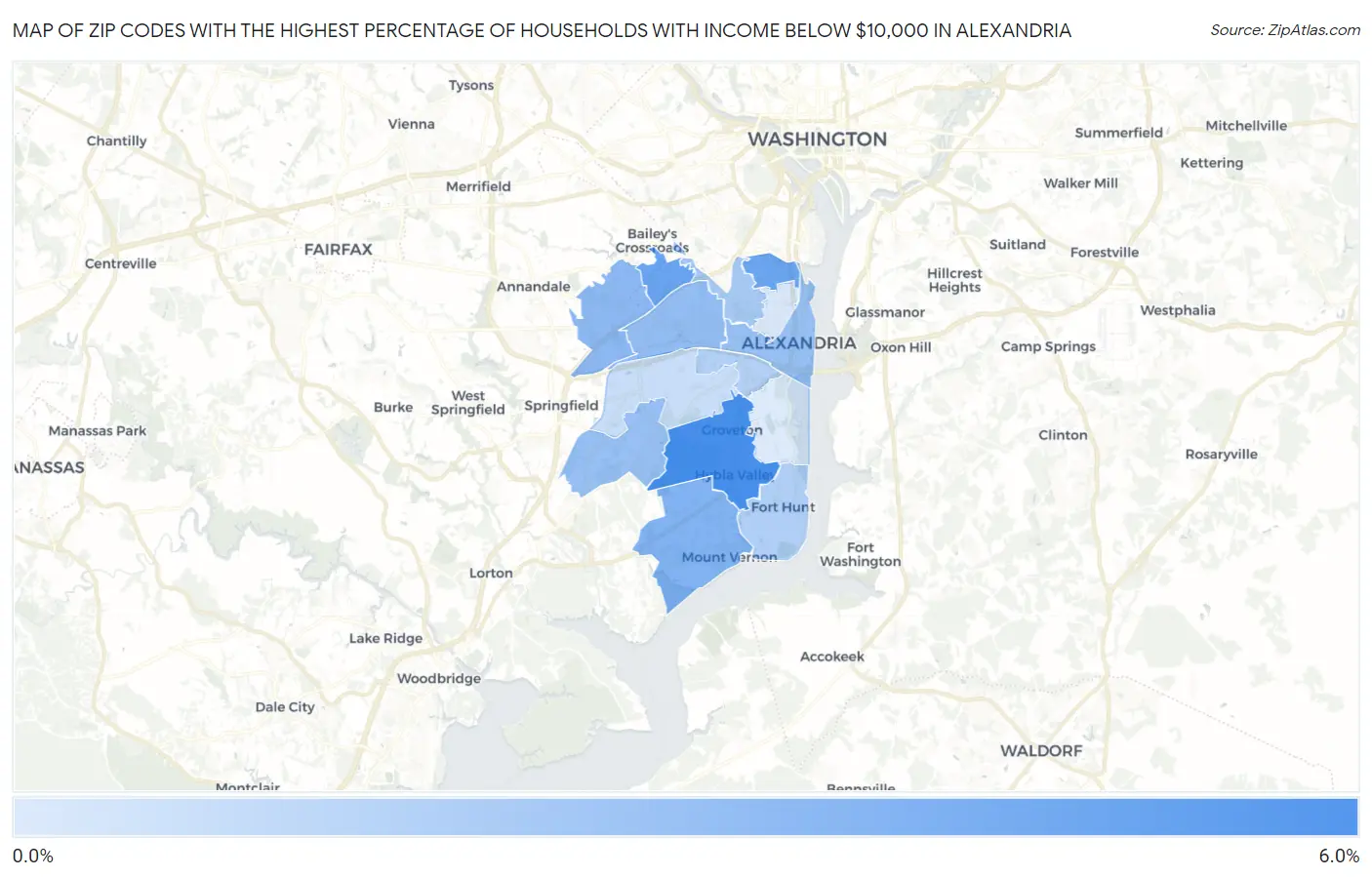 Zip Codes with the Highest Percentage of Households with Income Below $10,000 in Alexandria Map