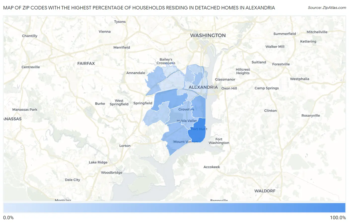 Zip Codes with the Highest Percentage of Households Residing in Detached Homes in Alexandria Map