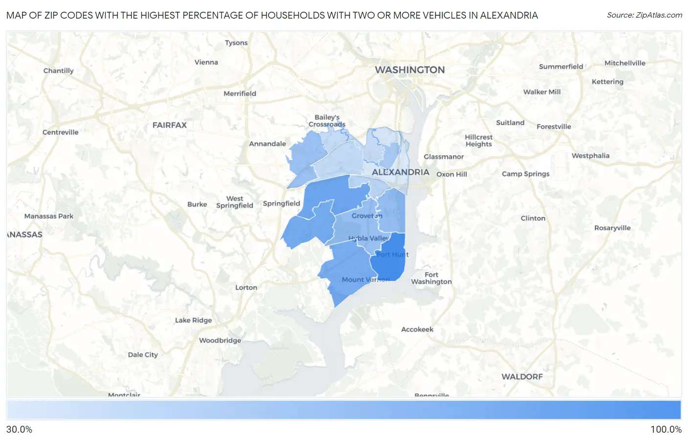 Zip Codes with the Highest Percentage of Households With Two or more Vehicles in Alexandria Map