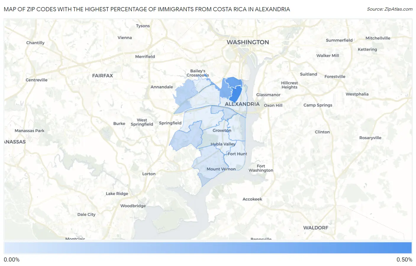 Zip Codes with the Highest Percentage of Immigrants from Costa Rica in Alexandria Map