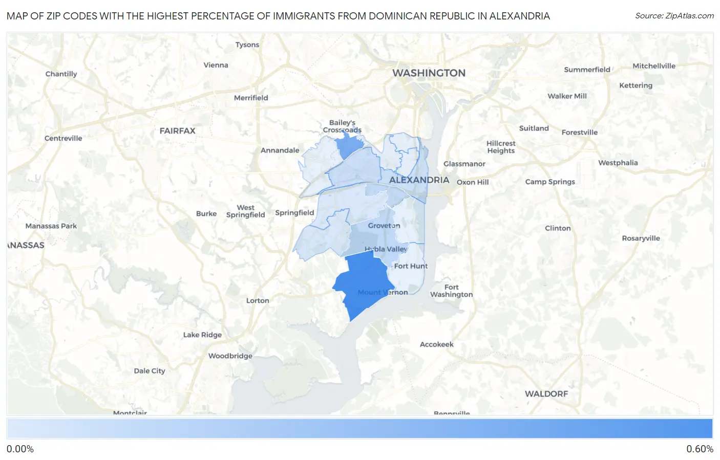 Zip Codes with the Highest Percentage of Immigrants from Dominican Republic in Alexandria Map