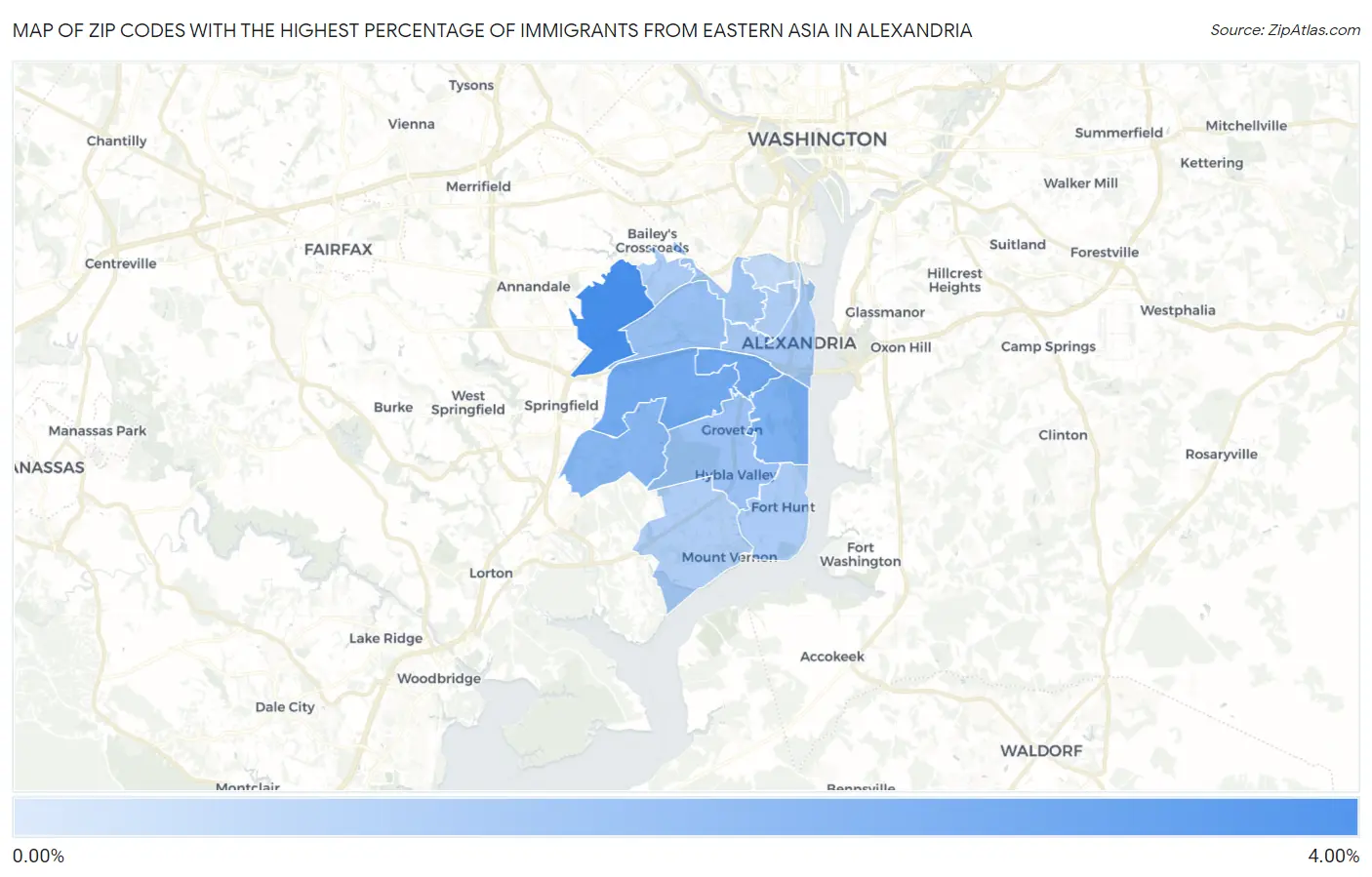 Zip Codes with the Highest Percentage of Immigrants from Eastern Asia in Alexandria Map