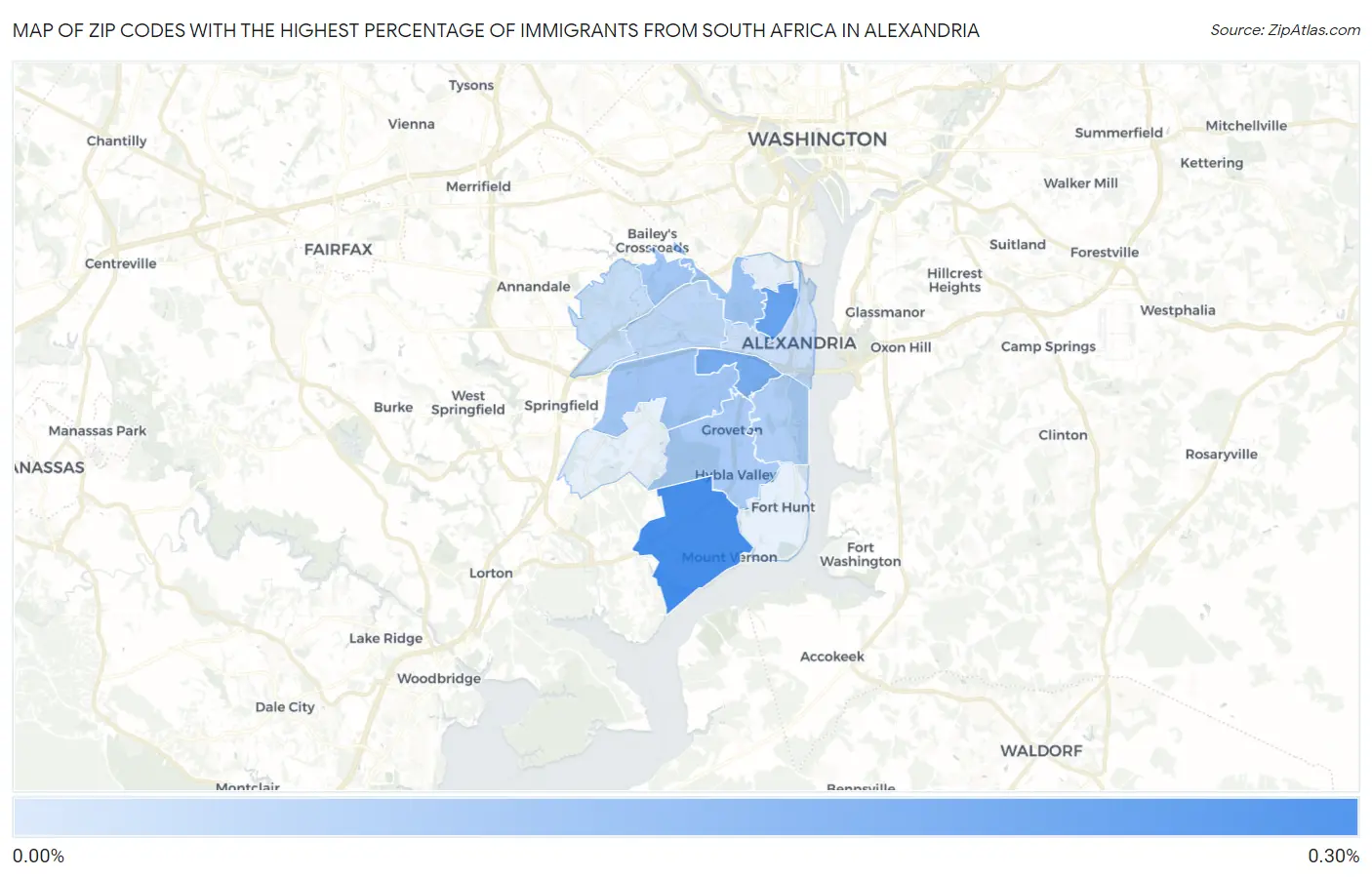 Zip Codes with the Highest Percentage of Immigrants from South Africa in Alexandria Map