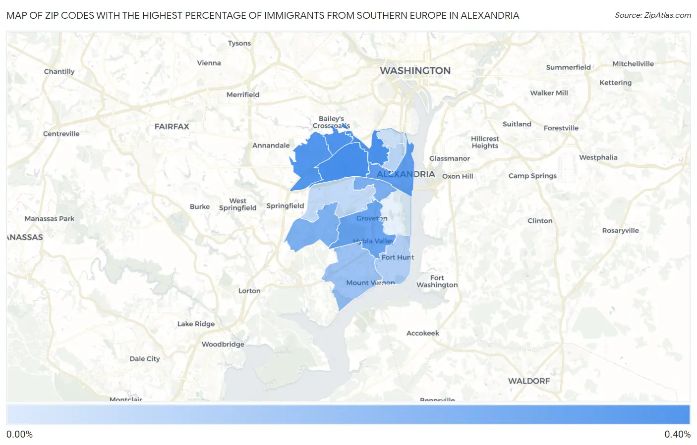 Zip Codes with the Highest Percentage of Immigrants from Southern Europe in Alexandria Map
