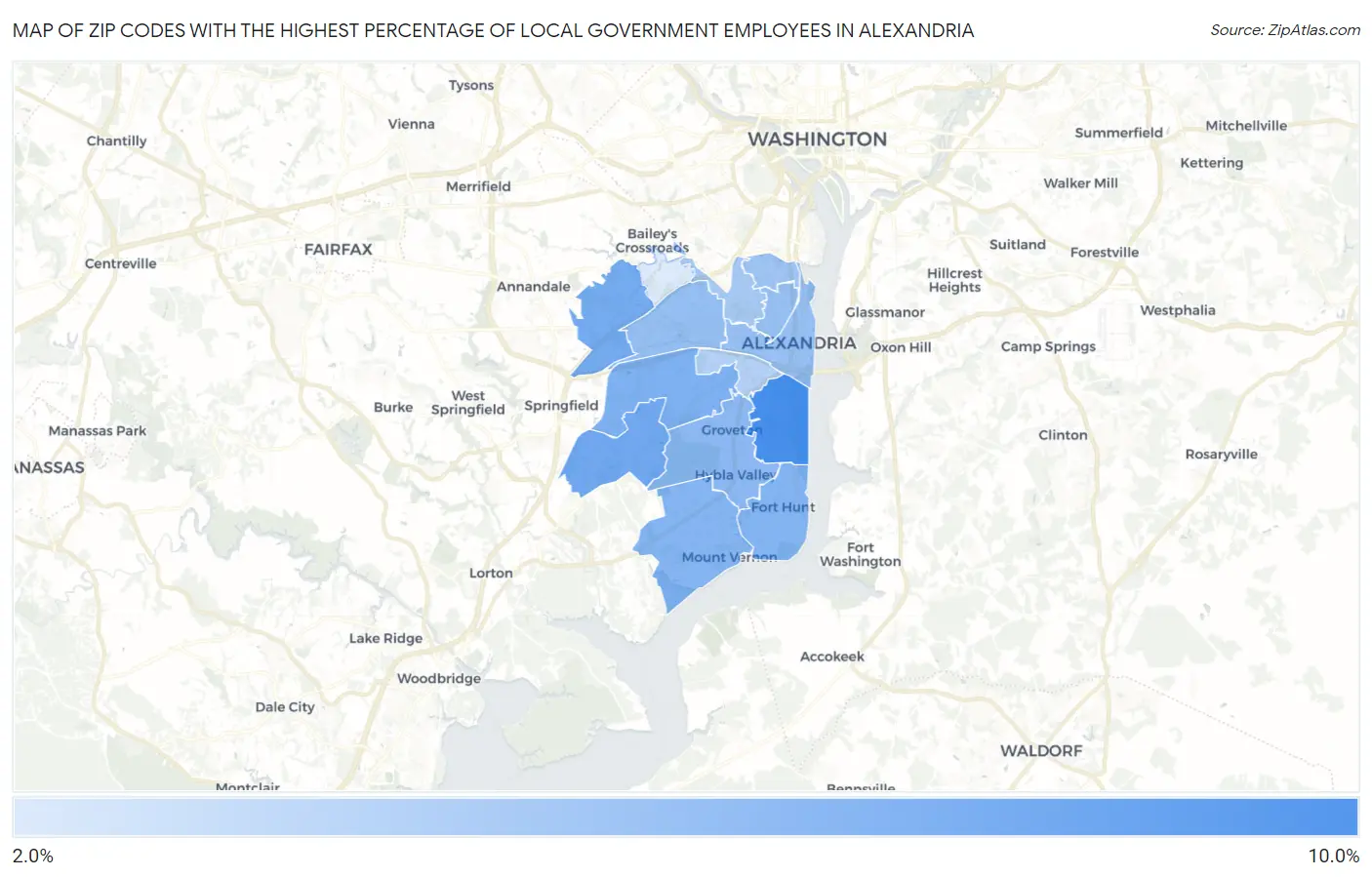 Zip Codes with the Highest Percentage of Local Government Employees in Alexandria Map