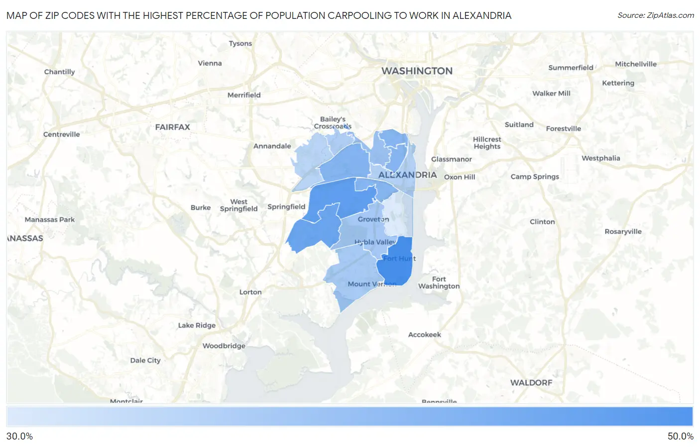Zip Codes with the Highest Percentage of Population Carpooling to Work in Alexandria Map