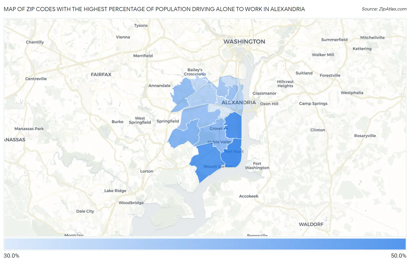 Zip Codes with the Highest Percentage of Population Driving Alone to Work in Alexandria Map