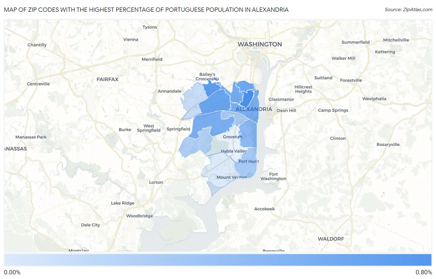 Zip Codes with the Highest Percentage of Portuguese Population in Alexandria Map