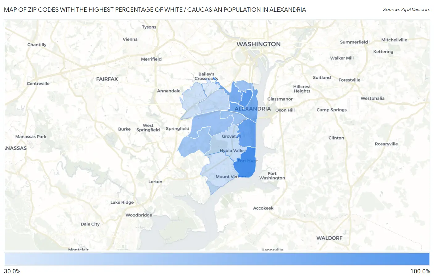 Zip Codes with the Highest Percentage of White / Caucasian Population in Alexandria Map