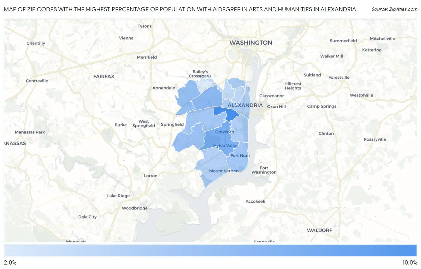 Zip Codes with the Highest Percentage of Population with a Degree in Arts and Humanities in Alexandria Map