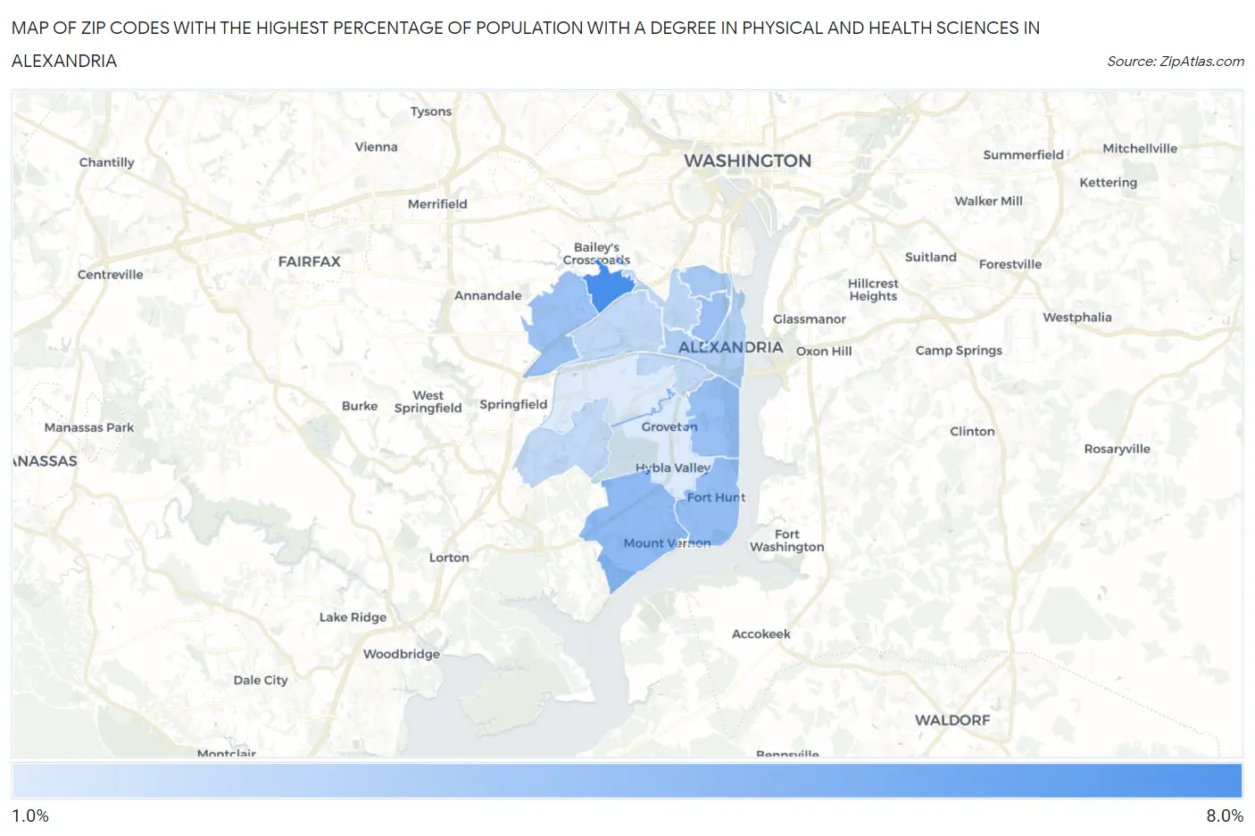 Zip Codes with the Highest Percentage of Population with a Degree in Physical and Health Sciences in Alexandria Map