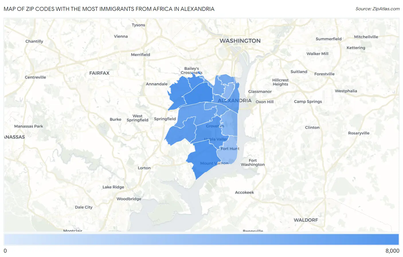 Zip Codes with the Most Immigrants from Africa in Alexandria Map
