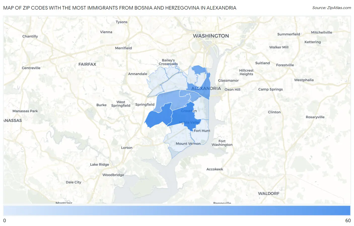 Zip Codes with the Most Immigrants from Bosnia and Herzegovina in Alexandria Map
