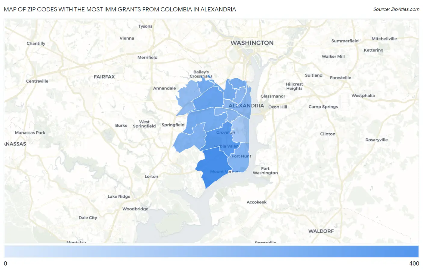 Zip Codes with the Most Immigrants from Colombia in Alexandria Map