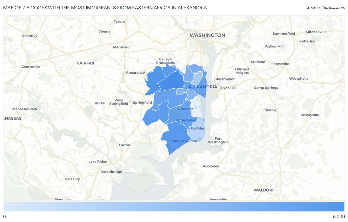 Zip Codes with the Most Immigrants from Eastern Africa in Alexandria Map