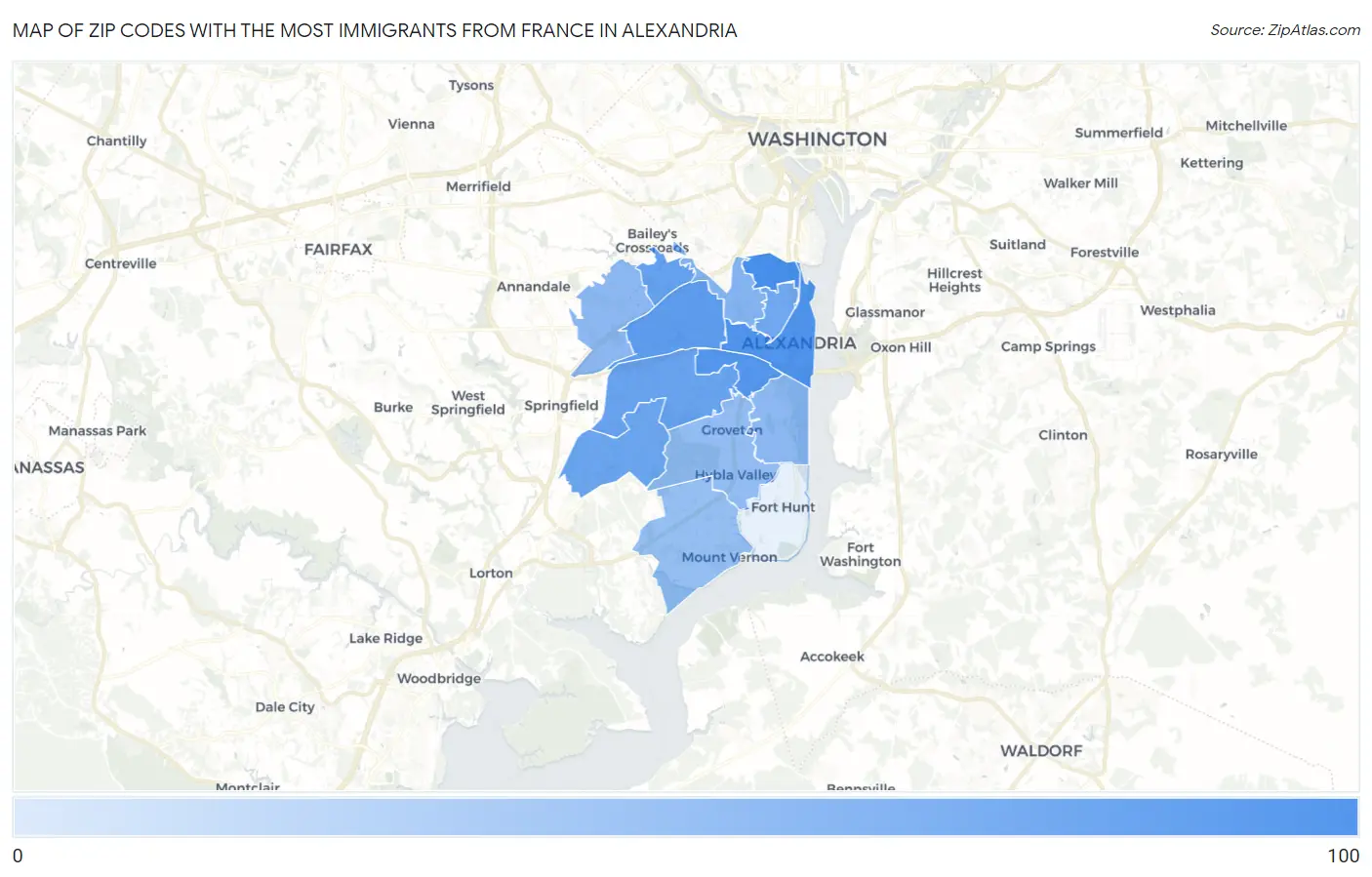 Zip Codes with the Most Immigrants from France in Alexandria Map