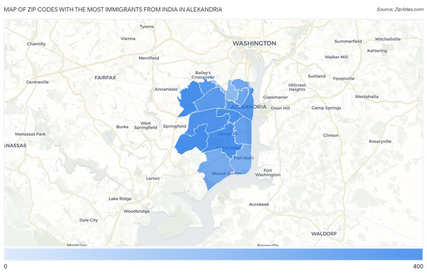 Zip Codes with the Most Immigrants from India in Alexandria Map