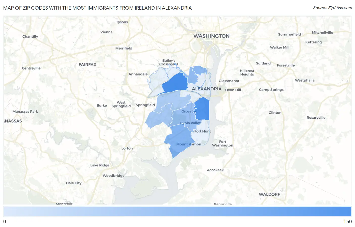 Zip Codes with the Most Immigrants from Ireland in Alexandria Map