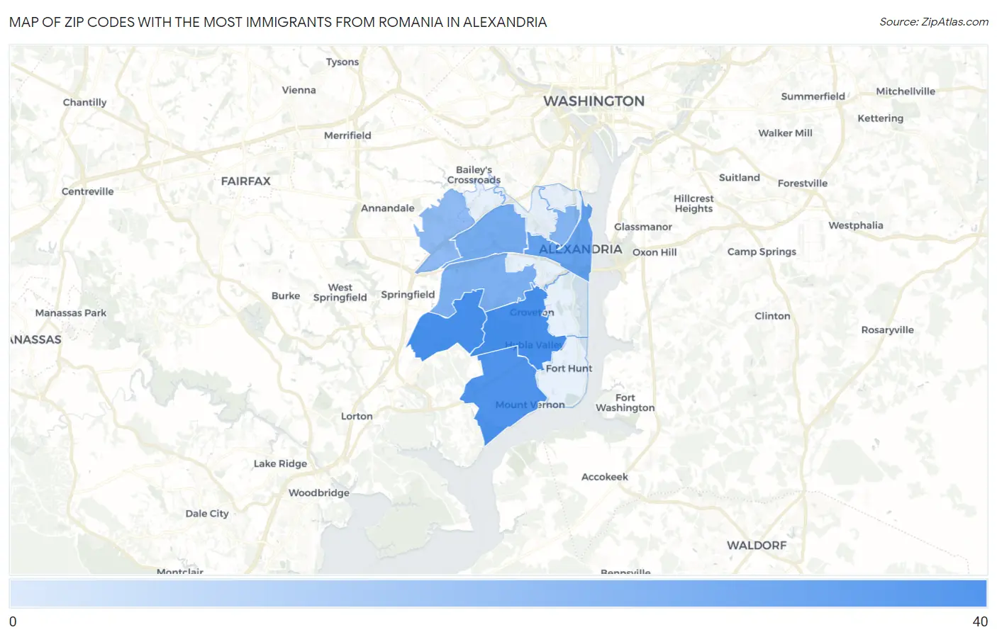 Zip Codes with the Most Immigrants from Romania in Alexandria Map