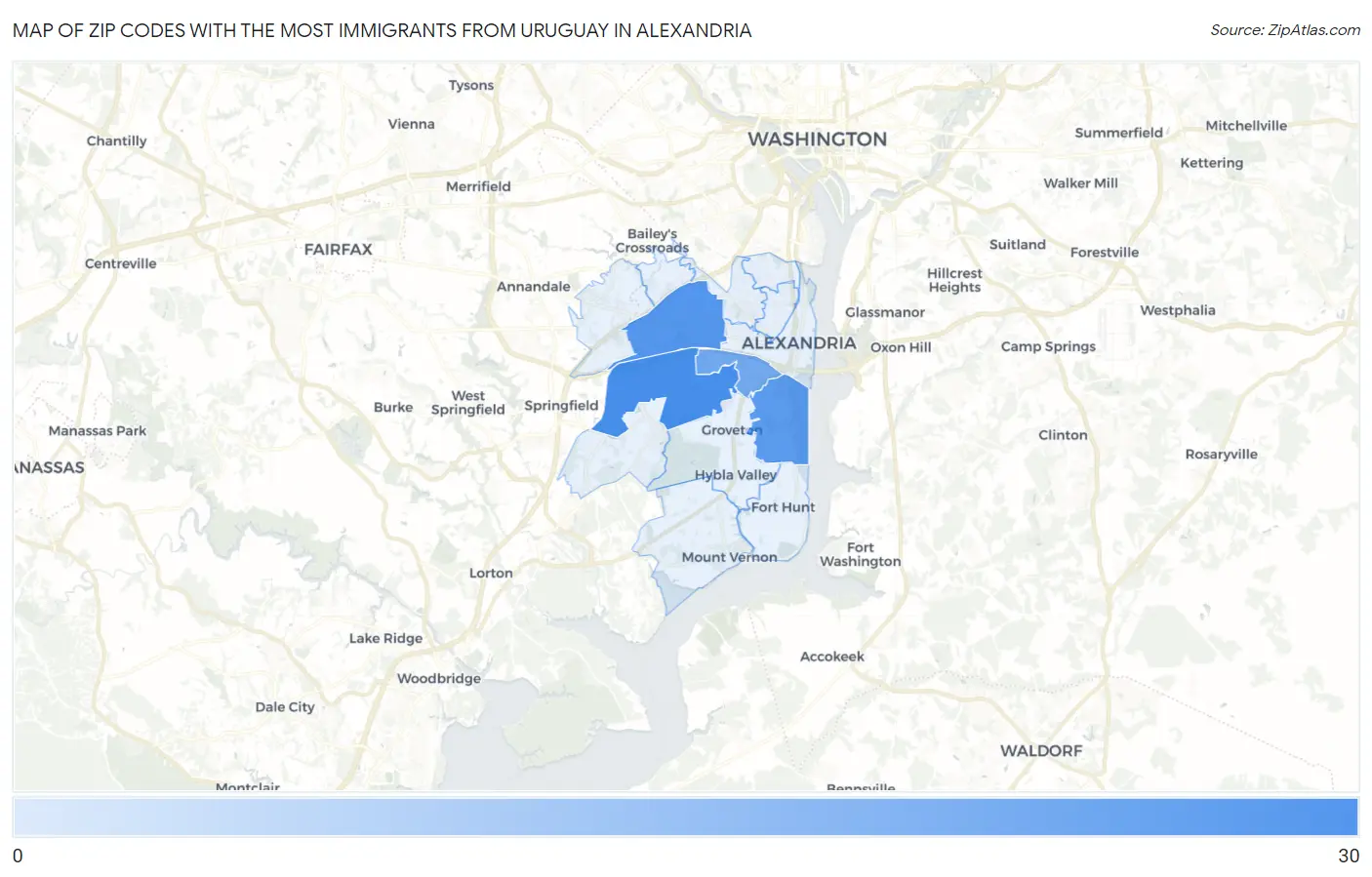 Zip Codes with the Most Immigrants from Uruguay in Alexandria Map